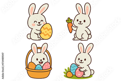 Easter rabbit collection. Cute cartoon bunny set for spring holiday. Happy vector characters with eggs, basket, carrot. Adorable animal illustration for kids decoration and egg hunt.
