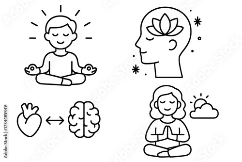 Mindfulness and meditation icon set. Mental health concept. Yoga, zen, peace, and relaxation symbols. Man and woman in lotus pose. Brain and heart balance. Line art vector.
