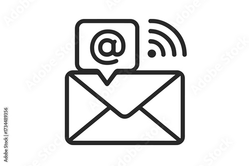 Email newsletter icon with envelope and at symbol. Line art vector for subscription, online marketing, and communication. Message notification concept for web and apps. Contact us.