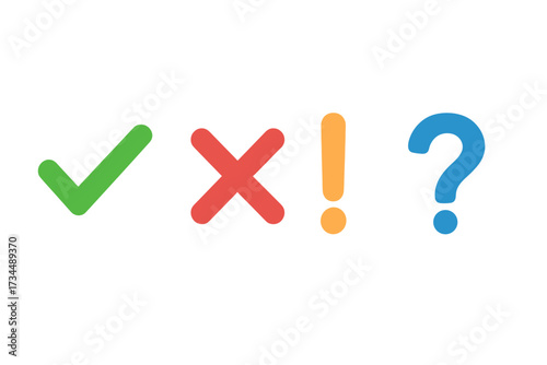 Check mark icon set. Green tick, red x cross, exclamation point, question mark. Yes, no, warning, info button symbols. Approval, rejection signs for test, quiz, survey.