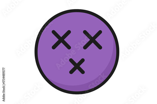 Dizzy emoticon with X-shaped eyes. Vector smiley emoji icon. Concept for unconscious, dead, knockout, speechless, shock. Purple cartoon face character illustration.