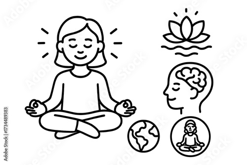 Meditation and mindfulness icon set. Woman in yoga lotus pose for mental health and well-being. Zen, peace, and harmony concept. Brain, lotus flower, and earth symbols.