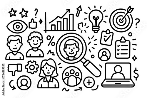 Customer analysis & market research doodle icon set. Vector illustration for business strategy, target audience, data analytics, consumer behavior, HR, and user feedback.