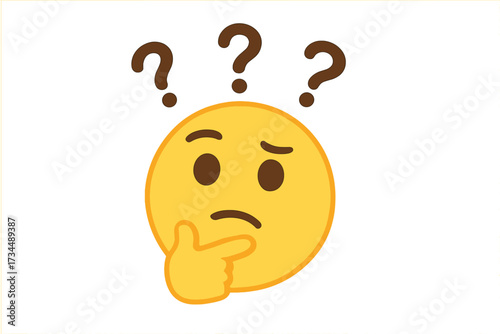 Thinking face emoji with question marks. Vector emoticon character confused, pondering a problem. Concept of doubt, questioning, and finding a solution. Isolated illustration.