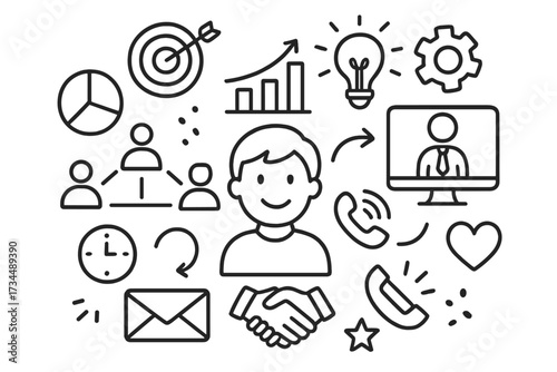 Customer relationship management CRM doodle concept. Vector icons for business marketing strategy, client service, support, sales process, and communication automation.