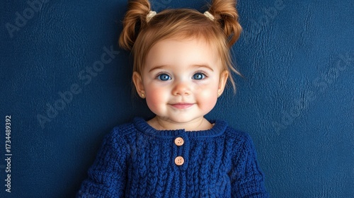 A young child, likely a toddler, smiles at the camera. She has red hair in pigtails and wears a blue knit sweater. She poses against a solid blue backdrop