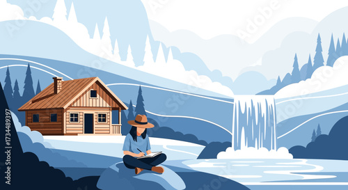 Woman writing in notebook in front of wooden cabin and waterfall landscape scene drawing