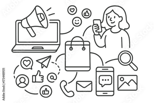 Digital marketing concept. Omnichannel strategy for customer engagement and online shopping. Connecting with clients via social media, email, search, and mobile for promotion.