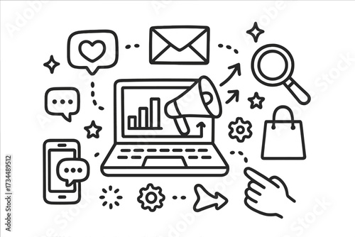 Digital marketing concept. Social media marketing, email, SEO. Customer engagement and communication. Online advertising, promotion, and e-commerce strategy. Business analytics.