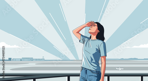 Young woman shielding eyes at airport, awaiting flight arrival, illuminated by bright sun rays