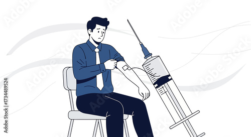 Worried businessman receiving injection with oversized syringe symbolizing fear of medical