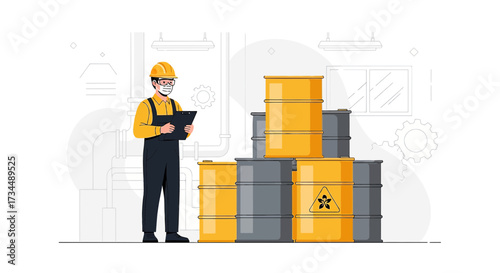 Worker inspecting barrels of hazardous waste in an industrial setting for safety compliance