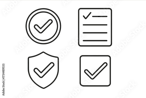 Check mark web icons in line style. Approved stamp, secure shield, checklist, and accept checkbox vector set. Quality guarantee, validation, and success confirmation signs.