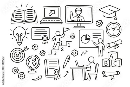 Education doodle icon set. E-learning, online course, and business training concept. Vector illustration of knowledge, skill development, career growth, and university study.