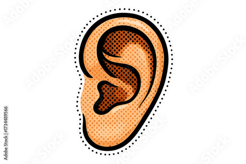 Human ear pop art comic sticker. Halftone dot pattern retro design. Listen, hearing, and sound concept. 90s style vector illustration. Anatomy body part, sense organ graphic.