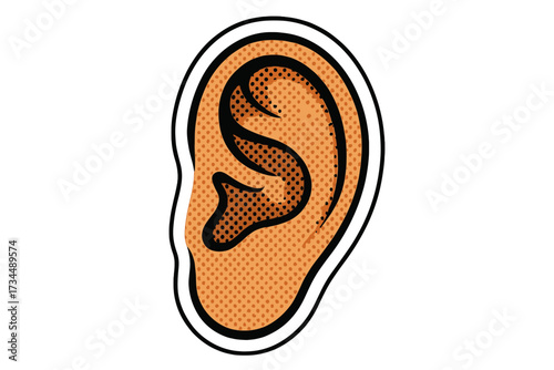 Human ear close up in pop art style. Listen, hear, sound perception concept. Retro 90s comic halftone vector illustration. Anatomy body part sticker icon for communication design.