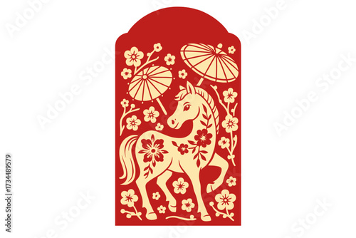 Chinese New Year 2026, Year of the Horse. Vector of a traditional red envelope. Lucky money packet in paper cut style with plum flowers and umbrellas. Asian holiday gift.