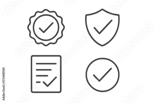 Check mark web icons in line style. Set includes stamp, check list, verified, approval, and accepted symbols. Quality guarantee, secure protection, and certified concepts.