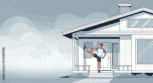 Young man doing stretching exercises on the porch of a modern house illustration