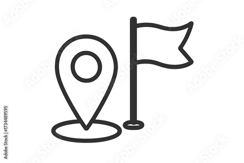 Location pin and flag icon. Vector illustration for map destination, goal, or waypoint. GPS navigation symbol. Simple line art graphic for position and finish line marker.