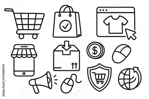 E-commerce online shopping vector line icon set. Digital marketing and retail symbols for web. Includes cart, bag, delivery, payment, secure transaction and global shipping.