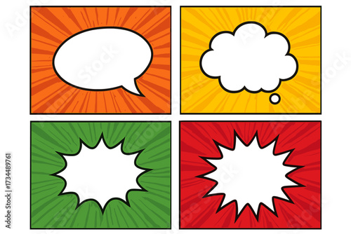 Comic speech bubbles set on pop art radial rays background. Vector collection of empty talk, thought, and explosion bubbles. Superhero comic book page layout element.