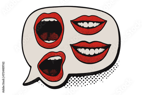 Speech bubble with screaming, smiling mouths in pop art collage style. Communication, gossip, public opinion, propaganda concept. Vector on crumpled paper texture background.