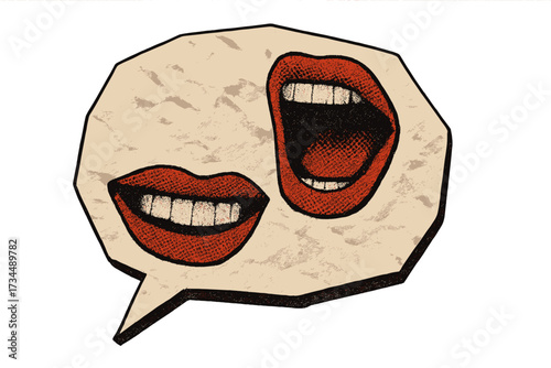 Speech bubble with mouths on crumpled paper. Halftone collage style. Female mouths screaming, smiling. Metaphor for bipolar disorder, mood swing, gossip, or argument. Vector.