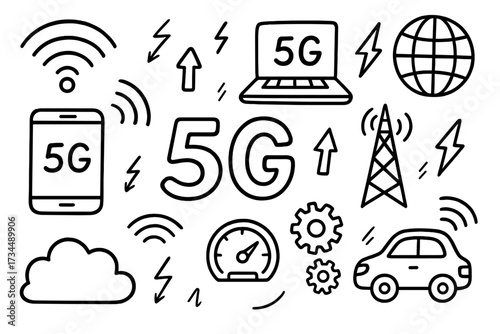 5G network technology doodle icon set. Hand drawn vector line art of fast mobile internet, wireless communication, data speed, cloud computing, autonomous car, phone and laptop.