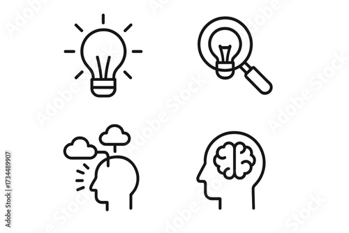 Creativity and idea web icons in thin line style. Brainstorming, finding solution, creative thinking, innovation. Head with brain and lightbulb vector illustration icon set.