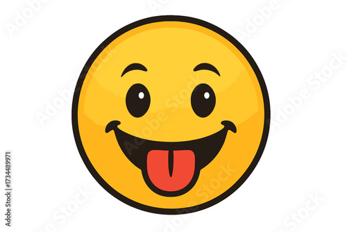Happy yellow emoticon sticking out tongue. Cheeky and playful emoji face with a smile. Funny cartoon character icon showing emotion. Vector illustration for communication.
