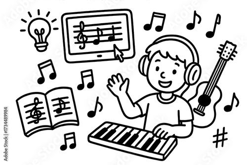 Music education and creativity doodle concept. Boy learning to play piano and compose songs online. Cartoon vector set with keyboard, guitar, tablet, and musical notes idea.