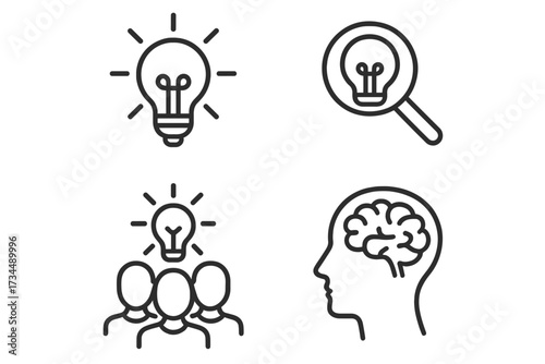 Creativity and idea web icons in line style. Concept of brainstorming, creative thinking, finding solution, innovation, mind. Light bulb, brain, team work vector icons.