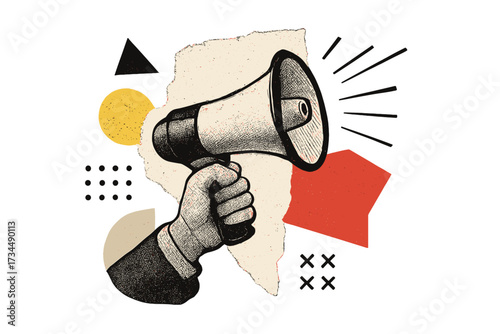 Hand holding loudspeaker in retro collage. Breaking news, announcement, and sale concept. Megaphone for protest or promotion with halftone texture and torn paper. Attention vector.