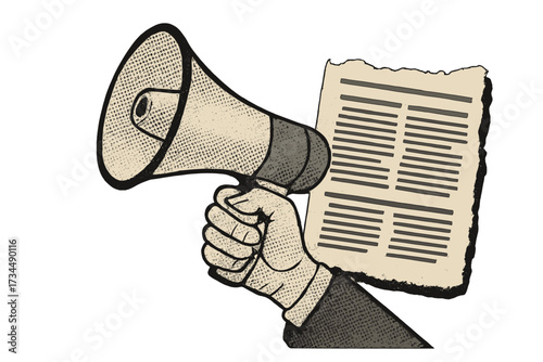 Hand holding megaphone and torn newspaper. Breaking news, announcement concept. Retro halftone collage style vector. Attention, propaganda, media alert, journalism cutout illustration.