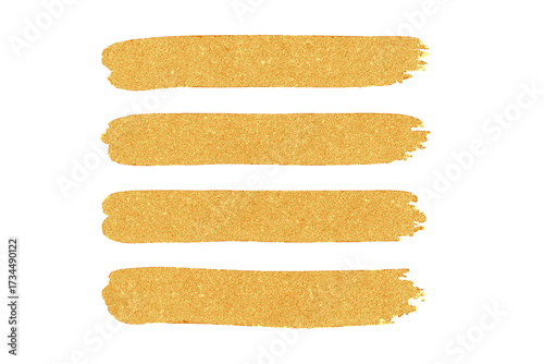 Golden glitter brush strokes set. Vector paint texture with sparkle effect. Isolated luxury decorative glamor element for banner, frame, border, or certificate. Gold smear lines.