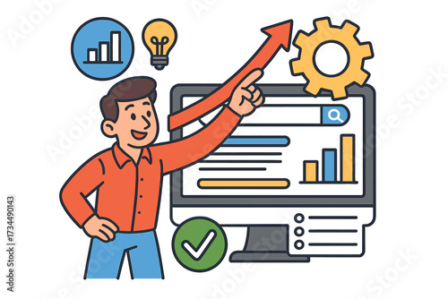 Search engine optimization for business growth. SEO specialist improving website ranking. Digital marketing strategy. Data analysis for performance. Traffic increase concept.