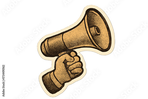 Hand holding a loudspeaker. Vintage collage element for protest or announcement. Retro 90s magazine style halftone sticker. Communication, voice, and news vector concept.