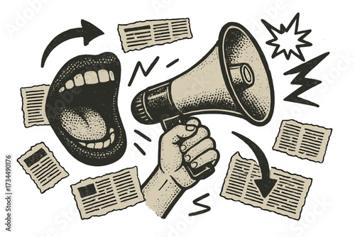Retro halftone collage with shouting mouth and hand holding loudspeaker. Breaking news concept. Propaganda, announcement, protest. Torn newspaper clippings and doodles vector art.