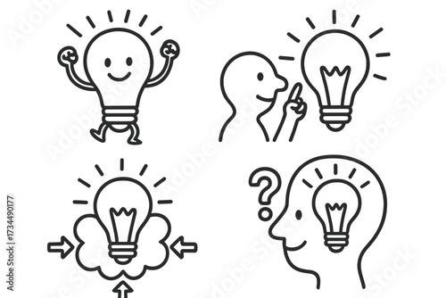 Idea line icon set. Creativity and innovation concept. Lightbulb metaphor for solution, inspiration. Thinking, brainstorming, problem solving process. Human head profile.