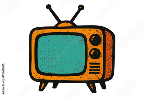 Retro TV icon in pop art style. Cartoon vintage 70s, 80s television illustration. Old television receiver with halftone grunge texture. Vector media symbol for nostalgia.