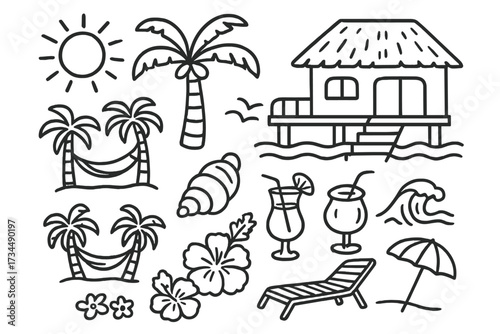 Tropical vacation icon set line art. Hand drawn summer beach doodle collection. Palm tree, sun, cocktail, hammock, sea wave, bungalow, exotic hibiscus flower. Isolated vector.