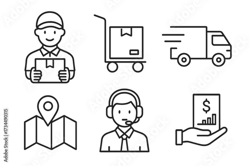 Delivery and logistics icon set in thin line style. Courier, express shipping, order tracking, customer support and payment symbols. E-commerce business vector icons.