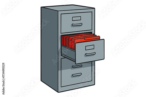 Filing cabinet with an open drawer full of red folders. Office furniture for document storage and data management. Vector concept for archive, paperwork, and administration.