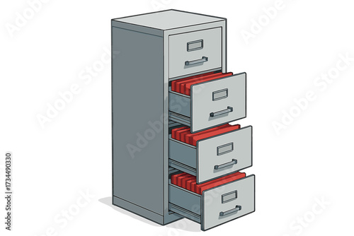 Filing cabinet with open drawers full of folders. Office furniture for document storage and data management. Archive, bureaucracy, and paperwork concept. Vector illustration.