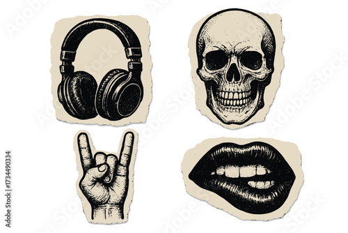 Hard rock grunge music sticker set. Halftone vector elements on ripped paper. Skull, headphones, devil horns hand sign, and biting mouth for punk and metal concert posters.