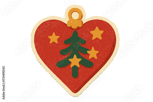 Christmas heart ornament in a vintage paper collage style. Retro holiday decoration with christmas tree and stars. Naive handcrafted cutout sticker with a clay look. Xmas love symbol.