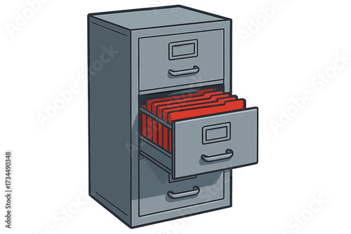 Office filing cabinet with open drawer full of folders. Concept for data storage, archive, administration, and bureaucracy. Document management and paperwork. Vector cartoon icon.