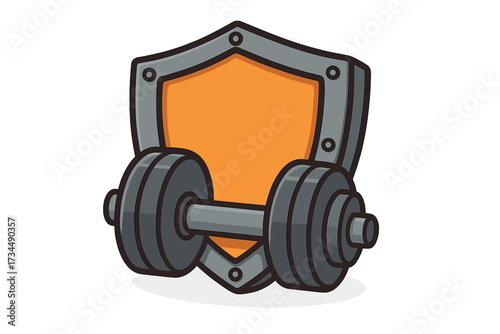 Dumbbell and shield vector logo for gym and fitness club. Bodybuilding and powerlifting emblem concept. Strength training and workout protection symbol. Secure fitness icon.