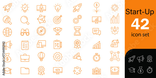 Icon set of start-ups | Orange thin line editable icon set on white background for web, presentation, development, mobile app, annual report
